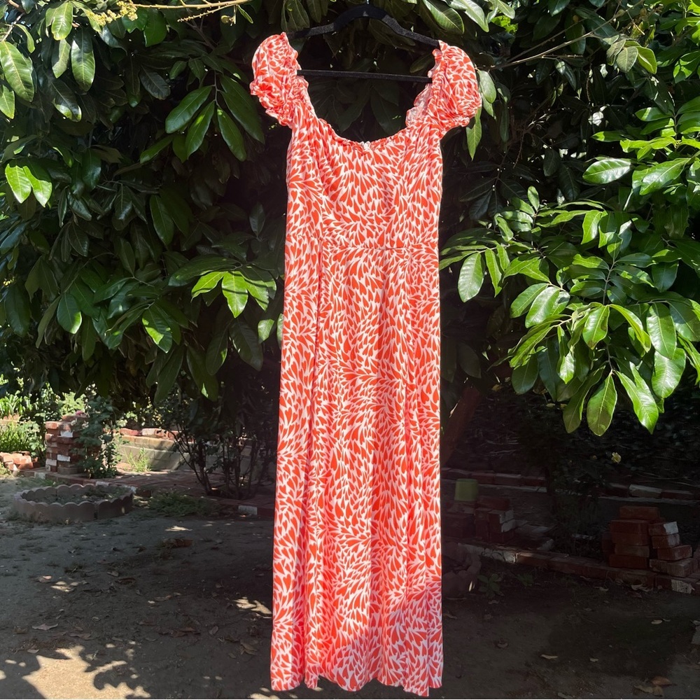 REFORMATION orange white heart short puff sleeve smocked back midi dress
